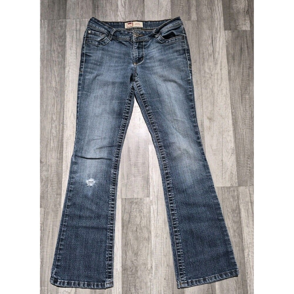 Y2K LEI Ashley Lowrise Boot Cut Jeans Regular 7 Dark Wash Pockets Embroidered
